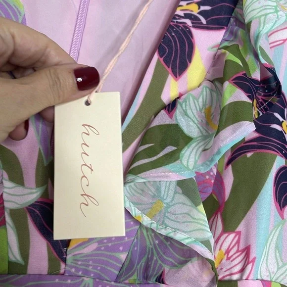 Hutch Floral Printed Ruffled Long Puff Sleeve Pink Mini V Neck Dress Size 10 New - Picture 4 of 9